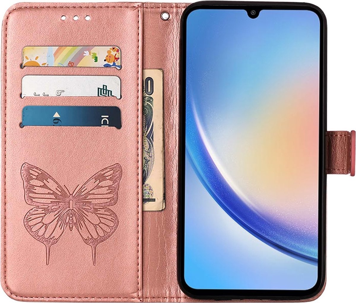 Mobigear Telefoonhoesje geschikt voor Samsung Galaxy A35 Hoesje | Mobigear Butterfly Bookcase Portemonnee | Pasjeshouder voor 3 Pasjes | Telefoonhoesje voor Pinpas / OV Kaart / Rijbewijs - Roségoud