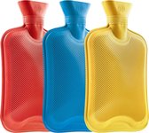 Warmwaterkruik zonder overtrek, set van 2 en 3 warmwaterkruiken, groot, 1,8 l rubber, robuust en duurzaam, van natuurlijk rubber, bedfles voor kinderen en volwassenen (blauw/rood/geel, 3 stuks)