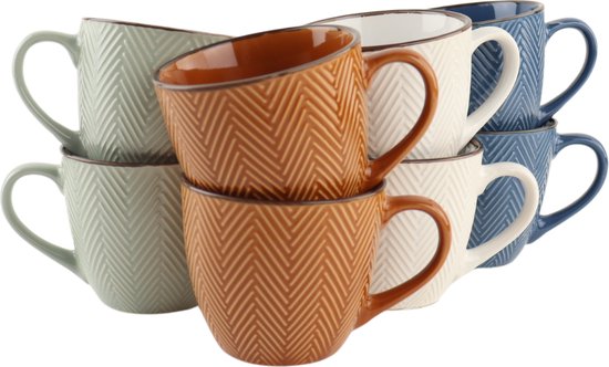 OTIX Koffiekopjes - met Oor - Koffietassen - Set van 8 - Theemok - Verschillende kleuren - Aardewerk - 250 ml - HEATHER