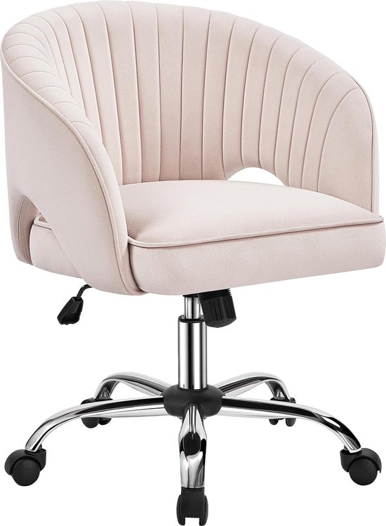 Bureaustoel met fluwelen bekleding, ergonomische bureaustoel met armleuningen, draaistoel met wieltjes, gestoffeerde stoel, in hoogte verstelbaar, bureaustoel met schommelfunctie, draaibaar, lichtroze