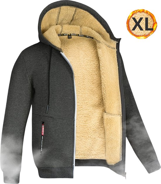 Gilet à capuche gris foncé pour homme avec fermeture éclair et doublure épaisse en peluche beige. Avec capuche, cordon de serrage et étiquette XL.
