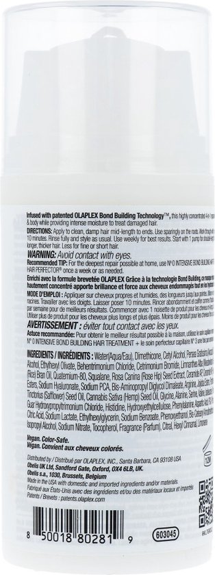 Achterkant van een witte OLAPLEX Nr. 8 fles met gebruiksinstructies en ingrediëntenlijst.