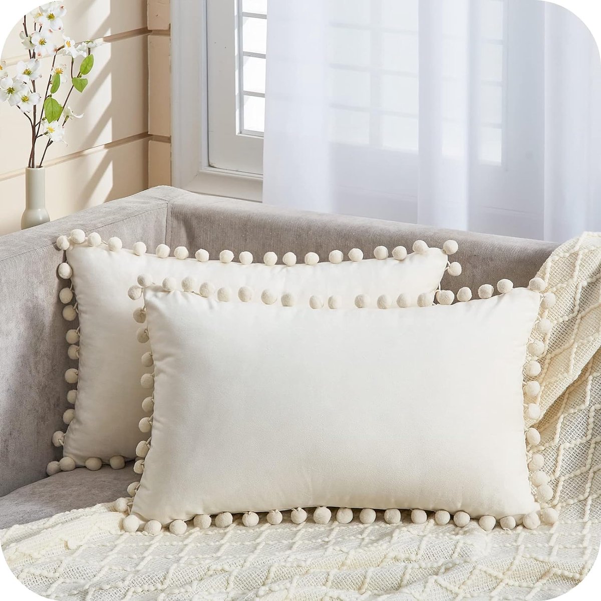 Fluwelen Kussenhoes - Met Pompons - Boho Stijl - 2 stuks - Voor Sofa Woonkamer Kinderkamer - Crèmewit - 40x60 cm