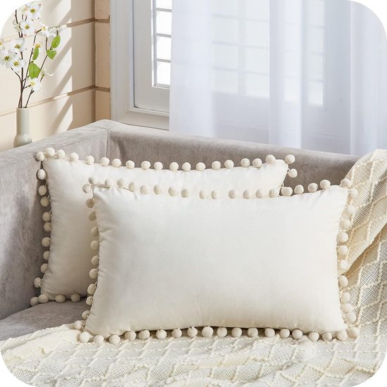 Fluwelen kussen met pompons Effen kerstkussenhoezen, decoratief kussen, hoofdkussen, zitkussen, decoratieve bankkussens voor bank, slaapkamer, kantoor, auto, set van 2 - 40 x 60 cm, crème