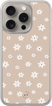 Hoesje geschikt voor iPhone 15 Pro Max - Cute flowers - 2in1 backcover - Bloemen - Beige - Leuke Telefoonhoesjes