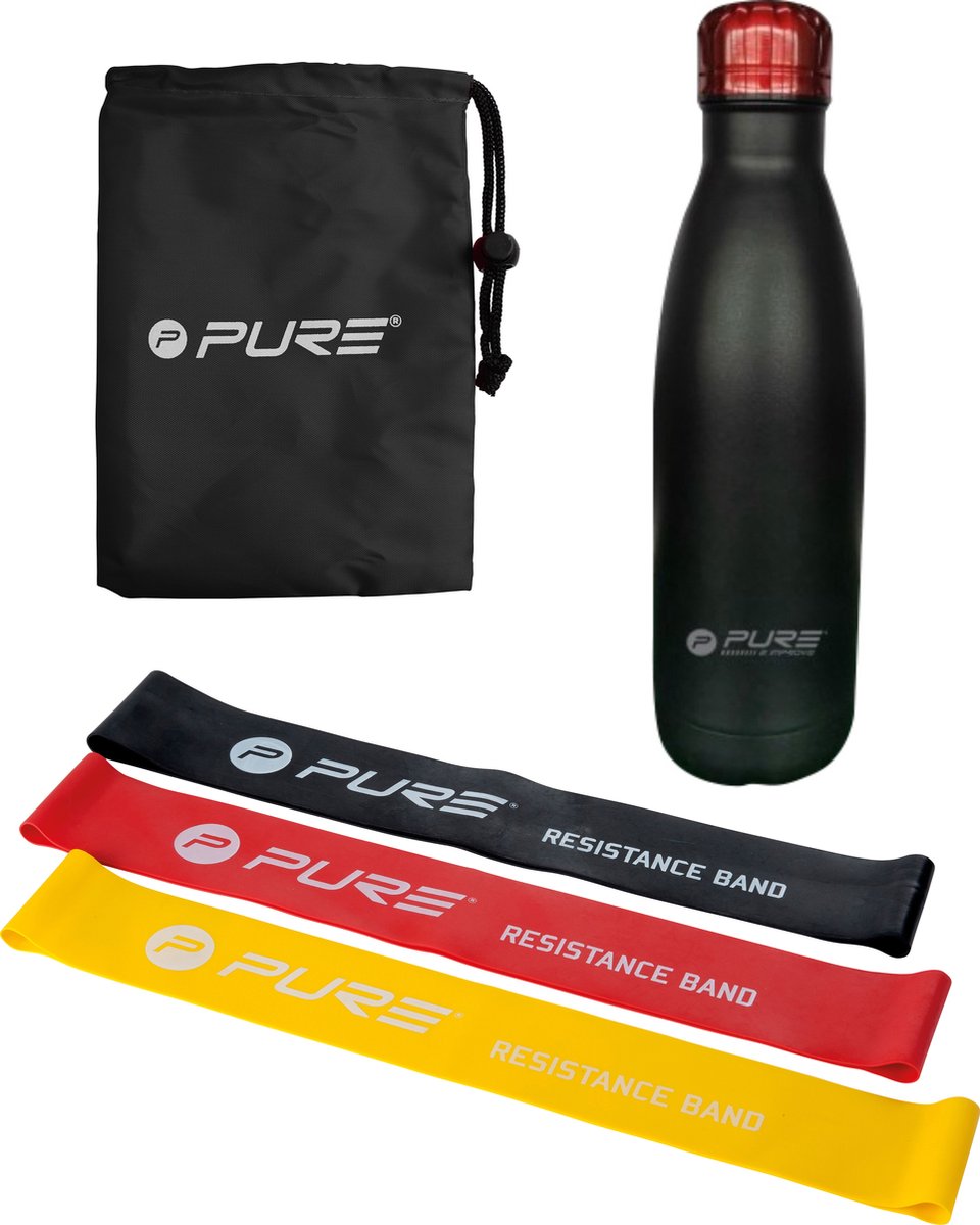 Goedkoopste Pure2Improve Thermosbeker met 3 Weerstandsbanden - Thermosfles - Resistance Band - Fitness Elastiek - Weerstandsbanden Set - Zwart