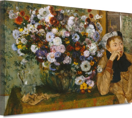 Een vrouw zittend naast een vaas met bloemen - Edgar Degas schilderijen - Bloemen schilderijen - Canvas schilderij Stilleven - Vintage schilderij - Canvas schilderij - Wanddecoratie 150x100 cm