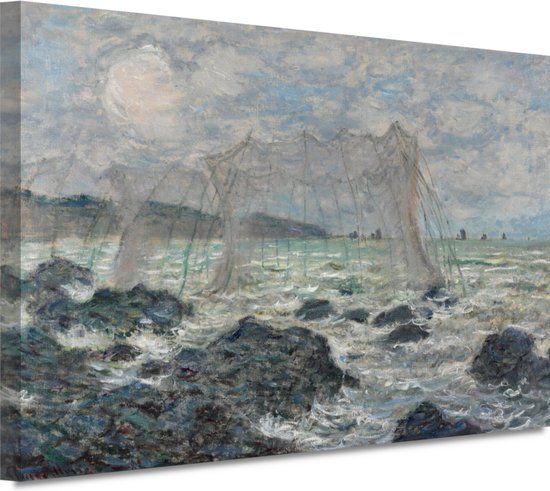 Visnetten in Pourville - Claude Monet portret - Visnetten wanddecoratie - Muurdecoratie Maritiem - Muurdecoratie landelijk - Canvas schilderijen - Kunst aan de muur 70x50 cm