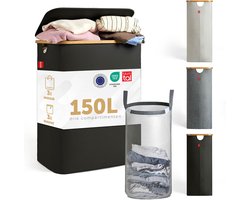 Blumtal Wasmand 150L - Wasmand met 3 uitneembare waszakkken - Wasmand met 3 vakken - Smalle wasmand - Flesverzamelaar - Wasmand met deksel - Zwart