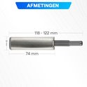 Afmetingen van een zilverkleurige push-to-open druksnapper: 74mm lengte, 22mm breedte, 118-122mm uitschuifbaar.