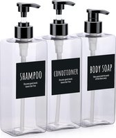 Zeepdispenser, 3 stuks 500 ml shampooflessen, navulbare lege pompfles met etiketten, voor keuken en badkamer, transparant