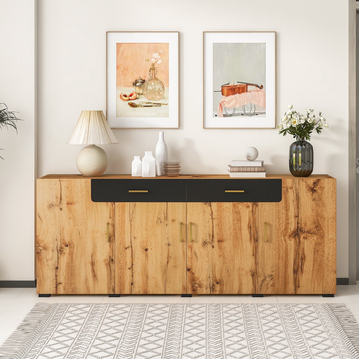 Sweiko Sideboard, keukenkast, opbergkast 238 x 39.5 x 80 cm, commode met 4-deuren, 2-lades