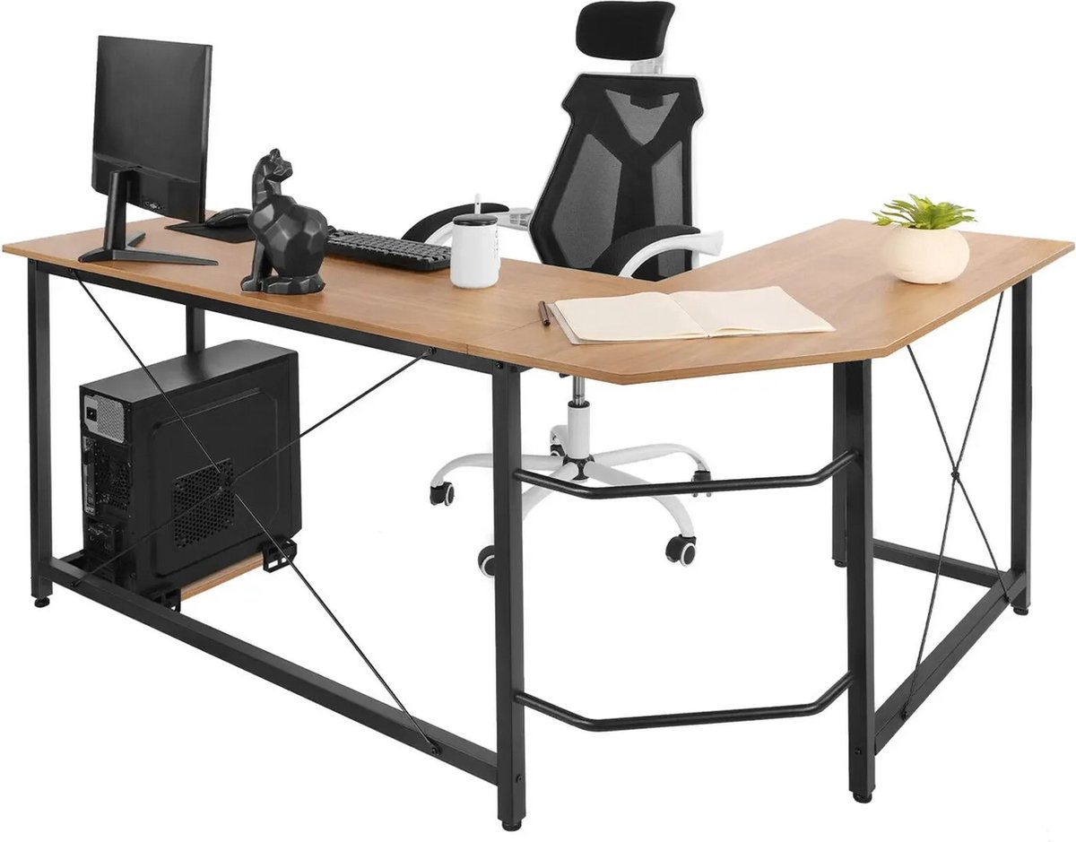 Sustainably C L-vormig Bureau - Game bureau - PC - Desk - L-vorm - 170 cm x 120 cm blad - Houtkleur - Variant: Donkerbruin en Zwart