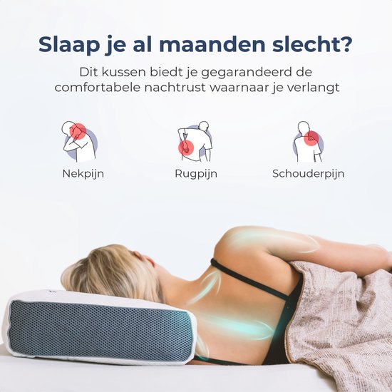Vrouw slaapt op een ergonomisch neksteunkussen. Overlay toont pijntjes in nek, rug en schouders. Kussen is wit met grijze zijkant.