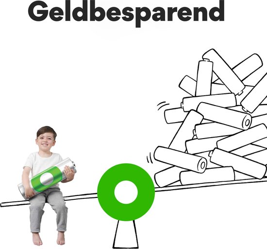 Een jongen zit op een wip met een grote oplaadbare batterij. Boven hem een hoop wegwerpbatterijen. Tekst: 'Geld besparend'.