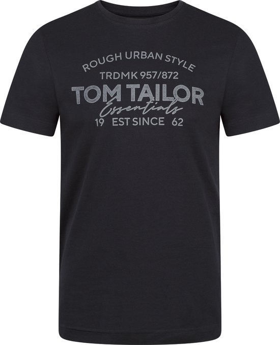 Zwart T-shirt met tekstprint 'ROUGH URBAN STYLE TOM TAILOR ESSENTIALS 19 EST SINCE 62'.