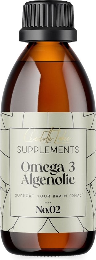Bruine fles met etiket "Omega 3 Algenolie" en zwarte dop.