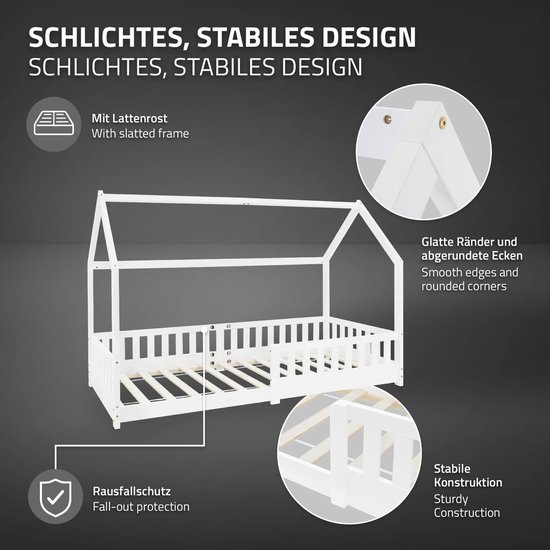 Kinderbed met uitvalbeveiliging lattenbodem en dak 200x90 cm wit grenen hout ML-Design