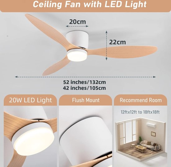 Plafondlamp met ventilator - ventilatorlamp LED - Afstandsbediening - 6 Snelheden - 105 cm - voor slaapkamer woonkamer kantoor etc