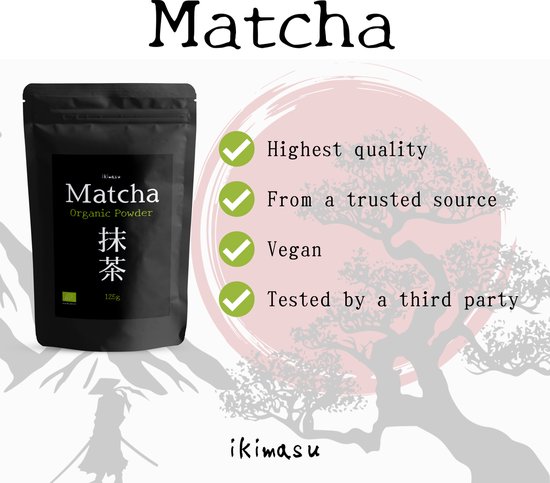 Zwarte verpakking van 125g biologische Matcha poeder, hoogste kwaliteit, vegan, getest door derde partij.