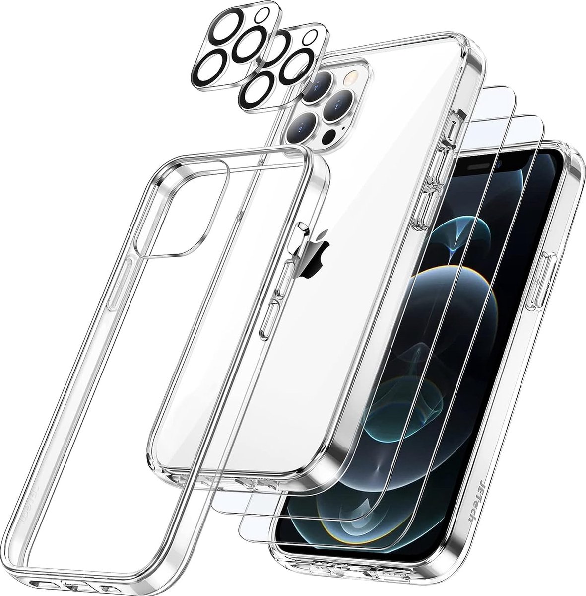Nuvex Hoesje geschikt voor iPhone 12 pro Transparant - Bundel met 2x Screenprotector + 2x Cameraprotector - Telefoonhoesje met Beschermglas - Case Doorzichtig