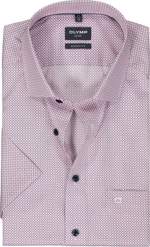 OLYMP modern fit overhemd - korte mouw - popeline - wit met blauw en roze dessin - Strijkvrij - Boordmaat: 43