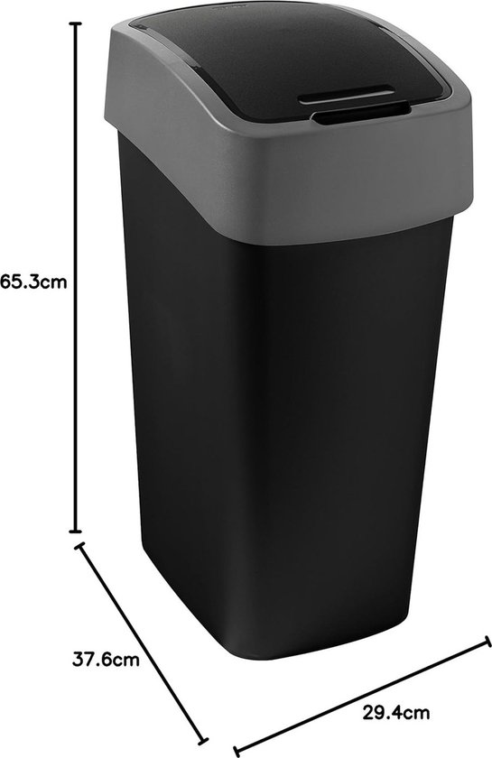 Poubelle Curver Flip Bin noire, dimensions H65.3cm, D37.6cm, W29.4cm.