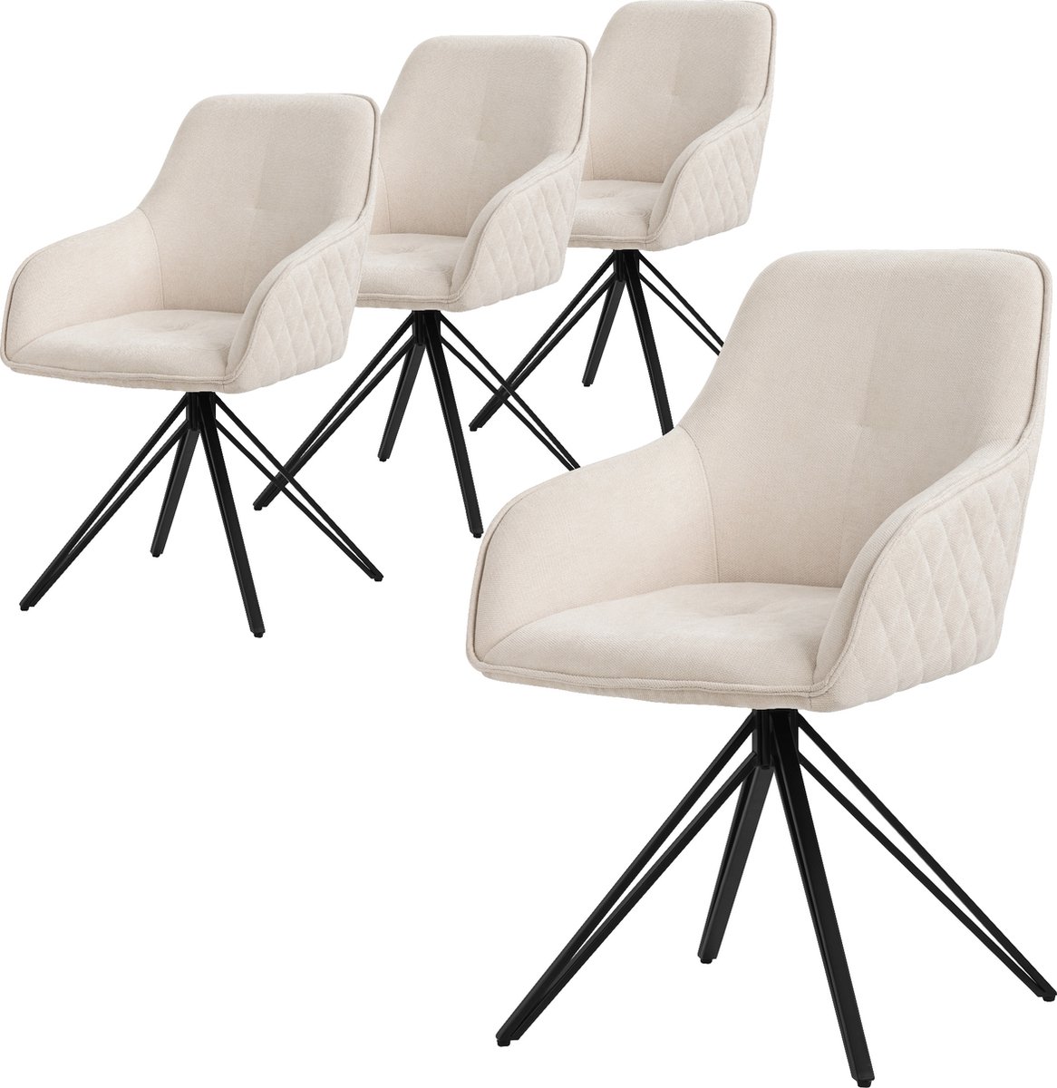 ml-design eetkamerstoelen draaibaar set van 4, textiel geweven stof, crème, woonkamerstoel met armleuning/rugleuning, 360° draaibare stoel, gestoffeerde stoel met metalen poten, ergonomische fauteuil Cream