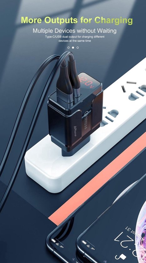DrPhone OptiCharge LC - HALO5 Charger + LSC1 Lightning to USB C Cable - Type-C Fast Charger & LED-display – Snellader – 1 Meter - Oranje/Wit