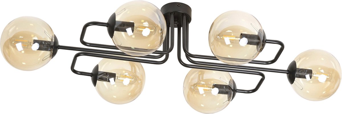 Emibig Kangasala speciale 6L plafondlamp zwart met amberkleurige bollen E14 - Creëer een warme sfeer in uw interieur