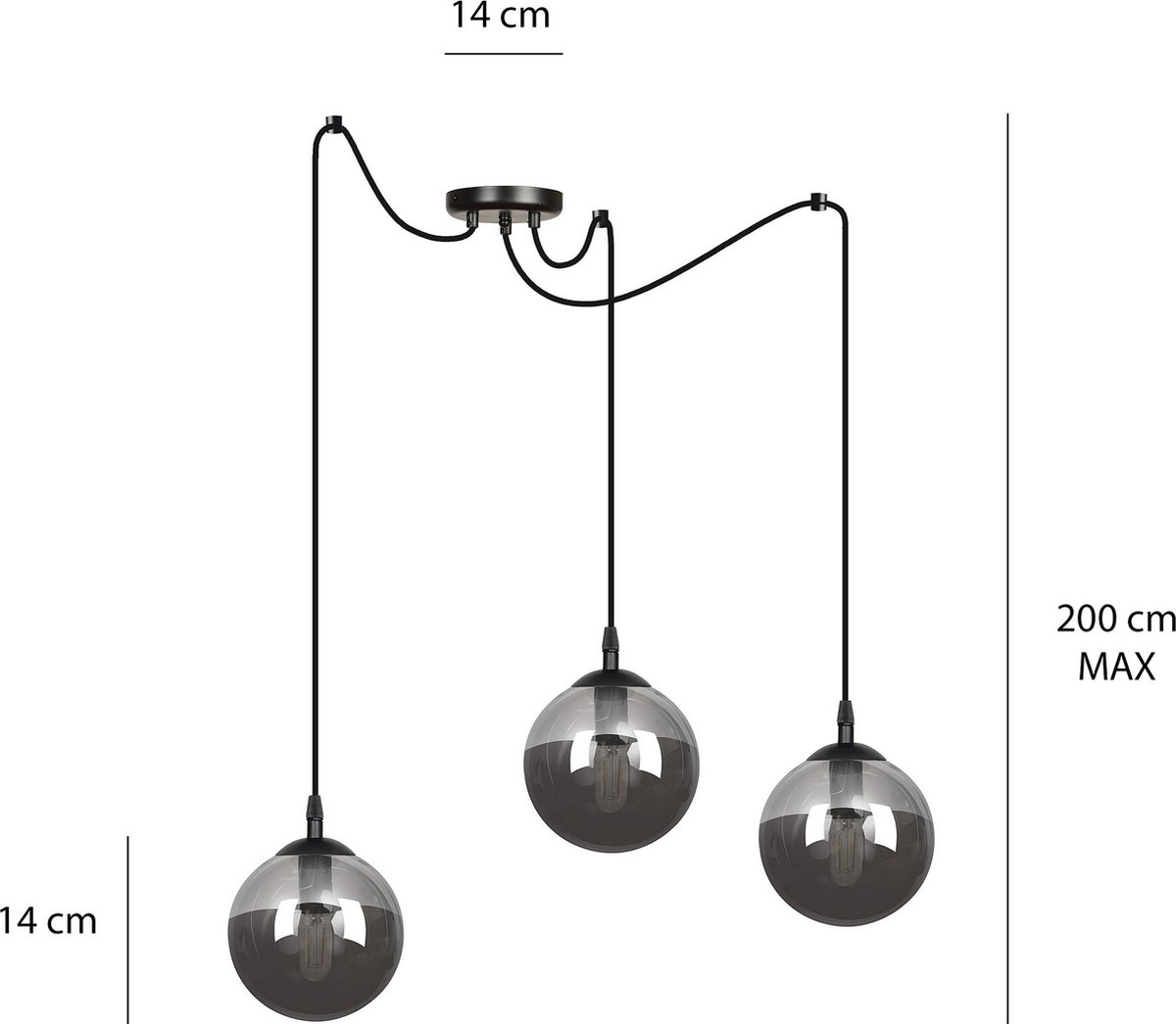 Emibig Uppsala mooie zwarte 3L hanglamp gerookt glas 3x E14 - Perfecte verlichting voor elke ruimte