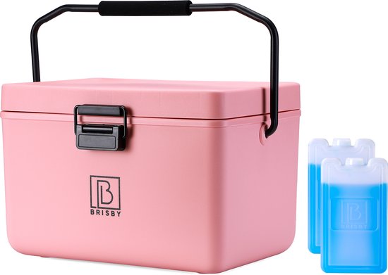 Roze Brisby koelbox met twee blauwe koelelementen ernaast.