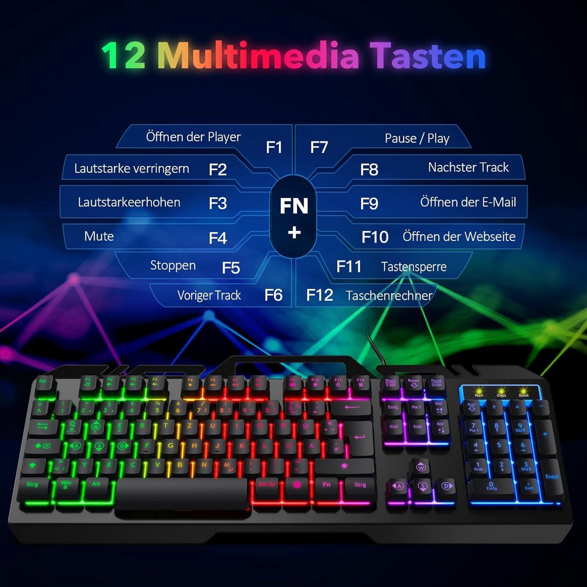 WisFox Office Gaming-toetsenbord Bedraad, Rainbow LED-verlicht, met houder voor mobiele telefoon, stille toetsaanslag, 19 toetsen Anti-Ghosting, robuust metalen frame, Duitse lay-out Compact, voor pc-gamers