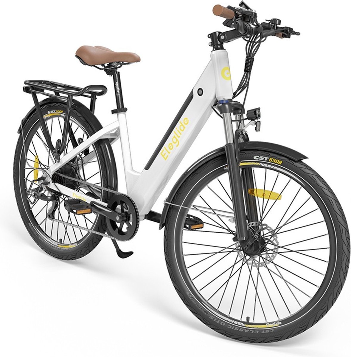 Eleglide T1 Step-Thru elektrische trekkingfiets 27,5 Inch CST-banden 36V 13Ah accu 250W borstelloze motor 25Km/h Shimano 7 versnellingen 100km maximaal bereik IPX4 waterdicht 120kg maximale belasting Dubbele schijfremmen - Wit - Eleglide - €729,00