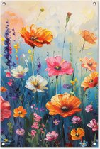 Tuinposter 60x90 cm - Tuindecoratie Bloemen - Natuur - Waterverf - Kunst - Poster voor in de tuin - Buiten decoratie - Schutting tuinschilderij - Tuindoek muurdecoratie - Wanddecoratie balkondoek
