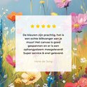 Gros plan d'une peinture de fleurs avec un avis au centre : "Les couleurs sont magnifiques, c'est un véritable accroche-regard sur votre mur !"