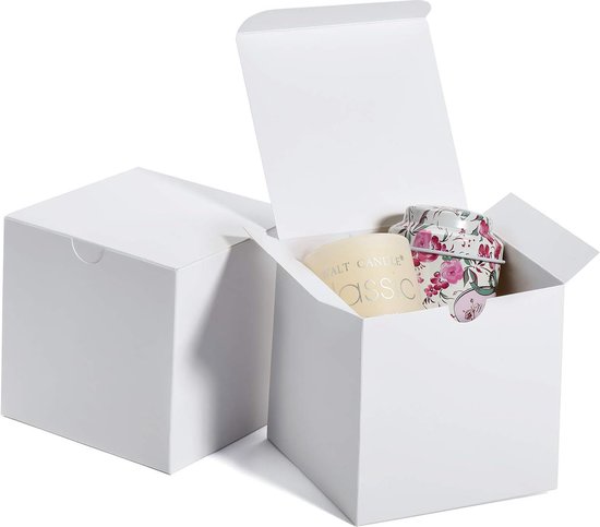 Switory 25 stuks geschenkdozen met deksel, 20 x 20 x 10 cm, wit, geschenkdozen van kraftpapier voor knutselen, bruidsmeisjes voorstelboxen van karton, witte bruiloftsgunst, eenvoudig in elkaar te