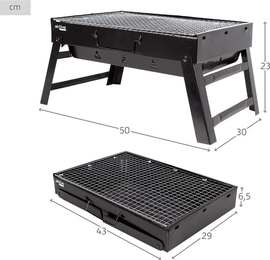 Draagbare houtskoolgrill van staal zwart en rechthoekig inklapbaar - 43 x 29 x 22 cm - Gemakkelijk te transporteren voor camping en terrasgebruik Barbecue