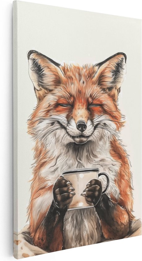 Artaza Canvas Schilderij Vos met een Kopje Koffie - Dieren - 80x120 cm - Groot - Wanddecoratie Woonkamer - Schilderijen - Muurdecoratie
