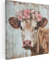 Artaza Canvas Schilderij Koe Met Bloemen - 50x50 cm - Wanddecoratie Bloemen - Muurdecoratie Woonkamer - Schilderij Koeien