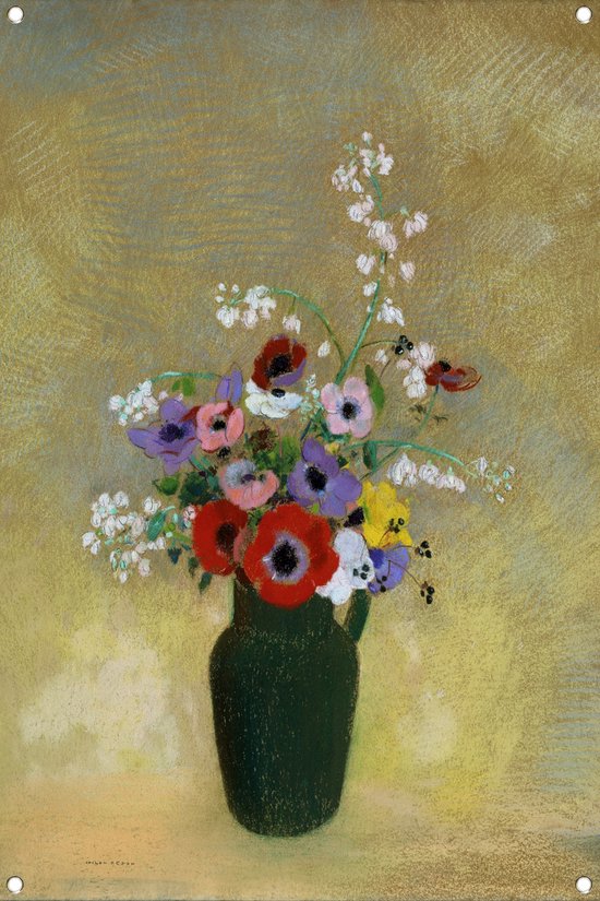 Grote Groene Vaas met Gemengde Bloemen - Odilon Redon tuinposter - Bloemen poster - Tuinposter Stilleven - Muurdecoratie tuin - Tuin accessoires - Poster tuinposter 70x105 cm