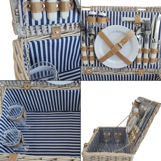 Panier pique-nique Lumparland avec contenu pour 4 personnes 42x28x20 cm blanc naturel et bleu casa.pro