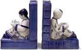 Fine Asianliving Chinese Boekensteun Porselein Kinderen Blauw Wit Handgeschilderd Set/2 B18xD13xH23cm