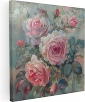 Artaza Canvas Schilderij Roze Rozen in een Vaas - 90x90 - Groot - Foto Op Canvas - Canvas Print