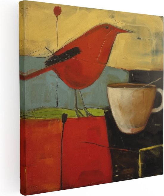 Artaza Canvas Schilderij Rode Vogel zit Naast een Kopje Koffie - 90x90 - Groot - Foto Op Canvas - Canvas Print