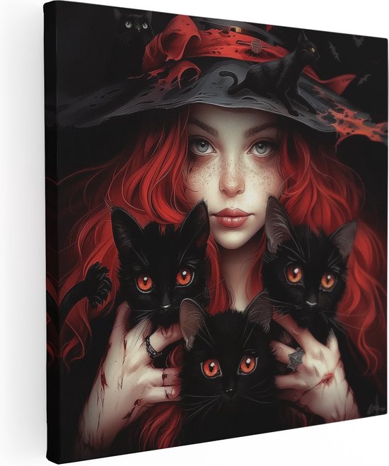 Artaza Canvas Schilderij Meisje met Zwarte Katten die een Heksenhoed Vasthouden - 90x90 - Groot - Foto Op Canvas - Canvas Print