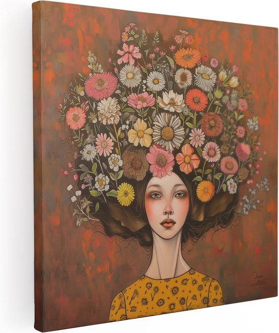 Artaza Canvas Schilderij Vrouw met Bloemen op haar Hoofd - Foto Op Canvas - Canvas Print