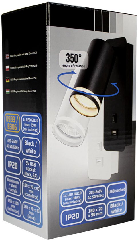 Applique LED - Lampe de chevet avec port USB | Raccord GU10 | Blanc