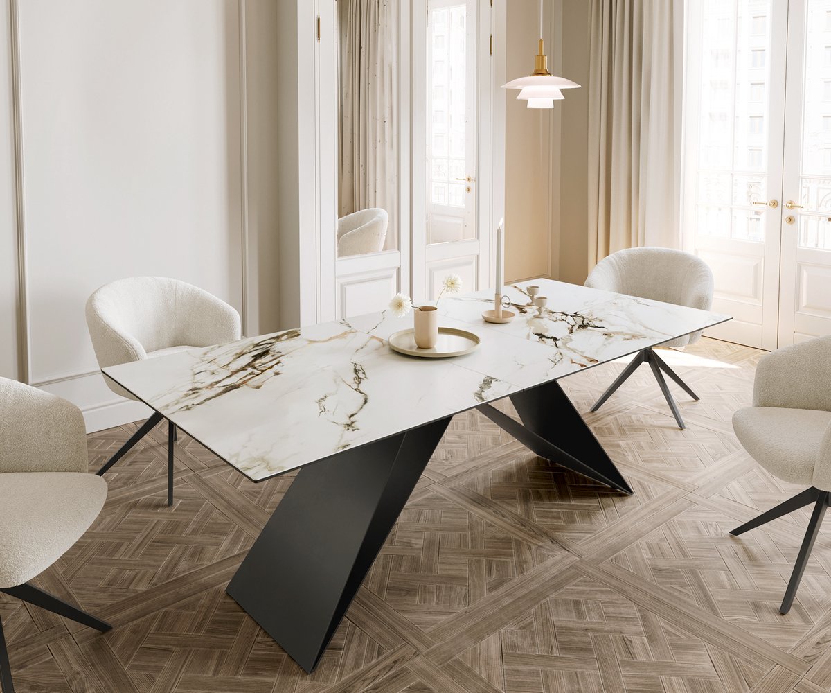 DELIFE Eetkamertafel Edge keramiek Calacatta Luxe wit-goud-grijs 180-220x100 V-frame vlak staal zwart uitschuifbaar Weiß-Gold-Grau