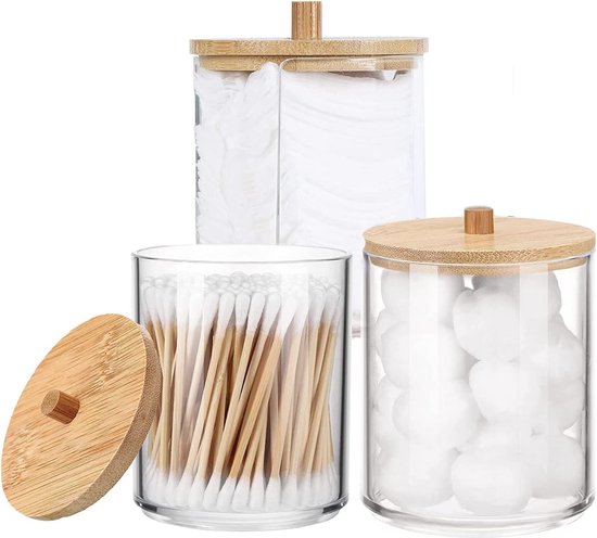 Qtip Houder Badkamer Set met Dienblad (4 STKS) - 3 Pack van 15 OZ Acryl Plastic Apotheekpotten